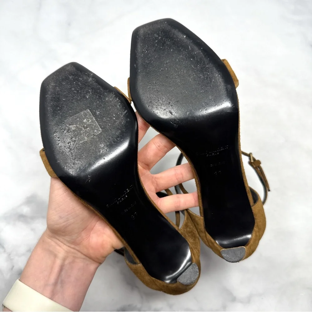 Saint Laurent Bea Bow Suede Square Toe Ankle Wrap Strap Sandal Heels Brown 37 - Picture 10 of 14